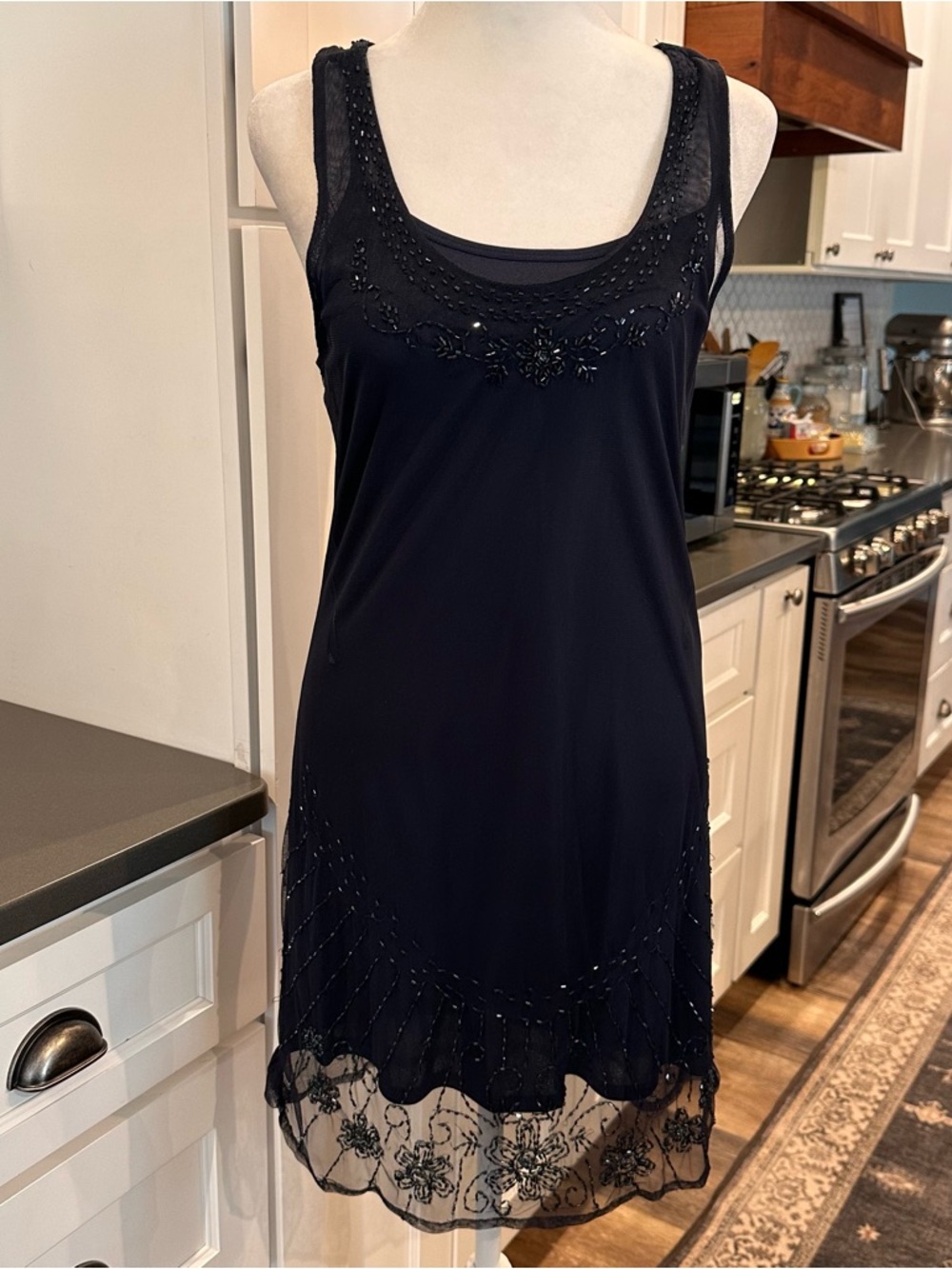 American Eagle Navy Blue Sheer Beaded Racerback Mini Dress Womens XS Sleeveless